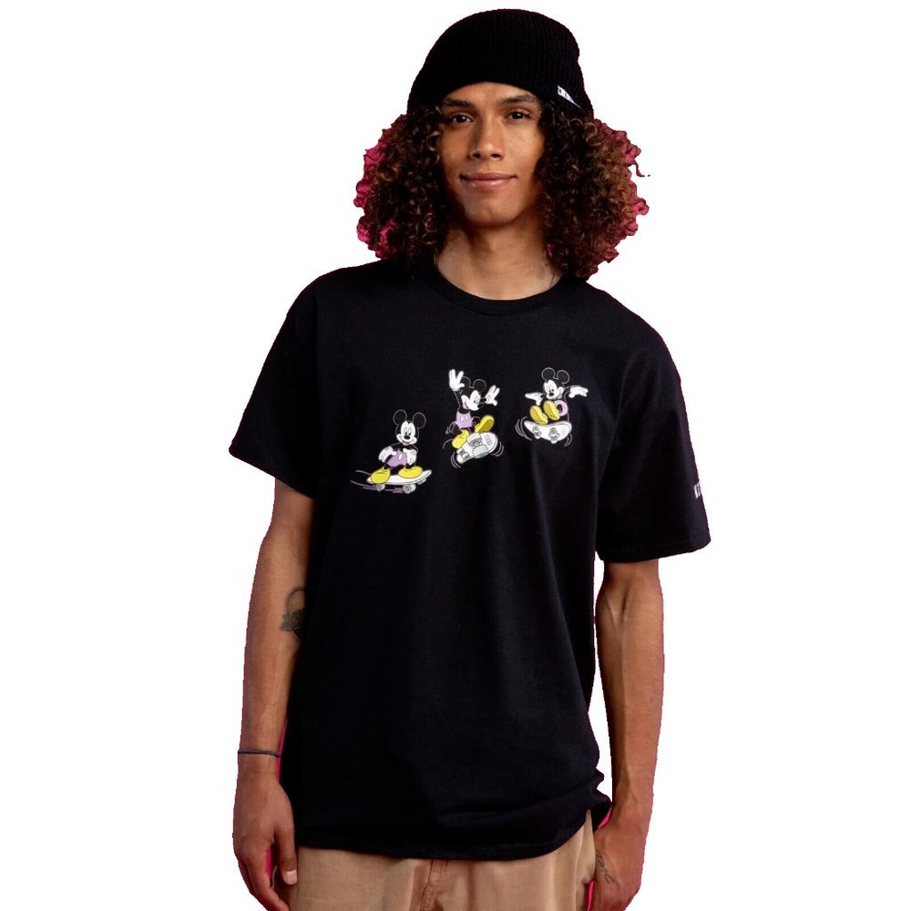 Neff x Disney Mens Mickey Mouse Skateboarding Kick Flip Landed It Shirt New